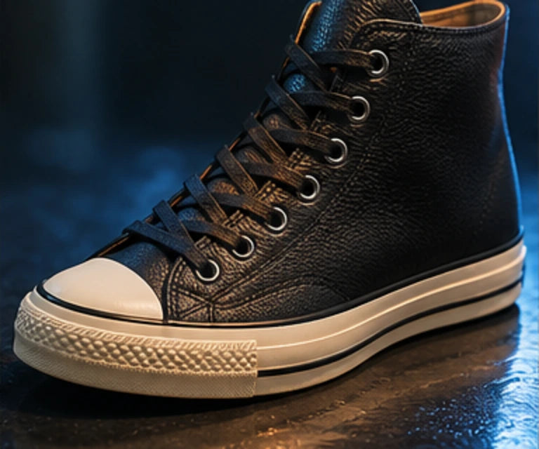 Black leather high-top sneaker with blue rim light