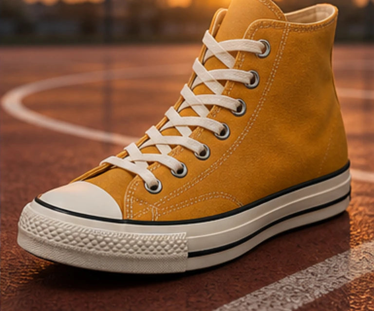 Ochre high-top canvas sneaker on a sunset court